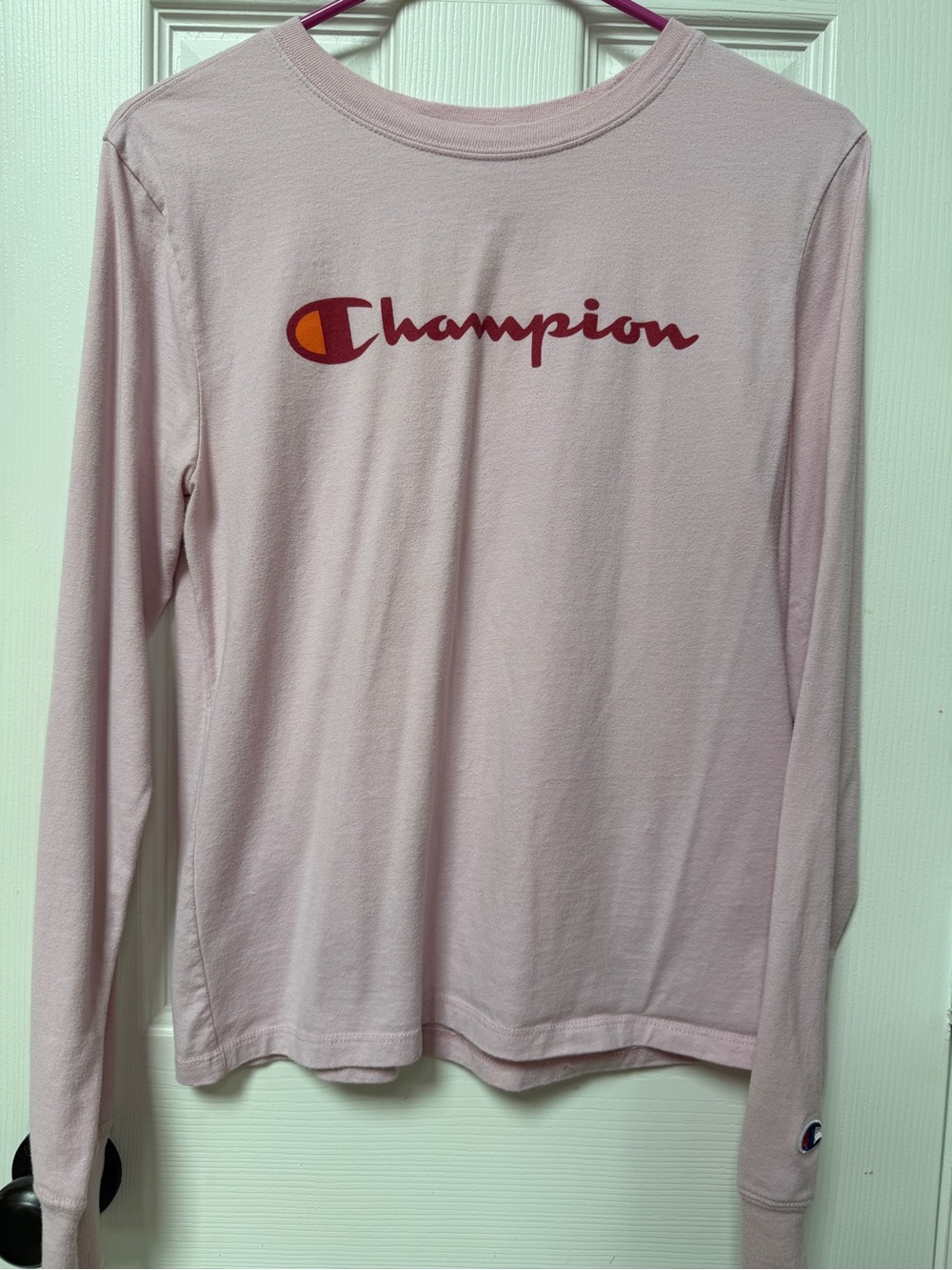 Champion Pink Long Sleeve Tee with Red and Orange Logo